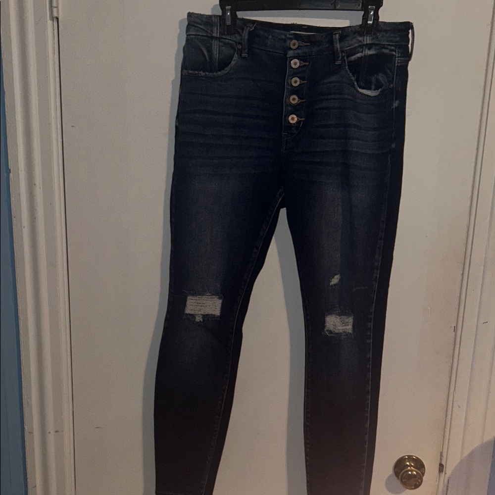 Kan kan Dark Wash Skinny Jeans with Distressed Accents 15 button up